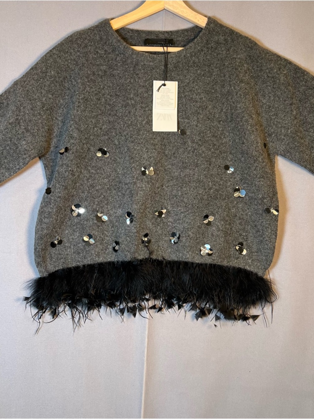 Zara Gray Sequin Feather Hem 3/4 Sleeve Sweater NWT Festive Unique